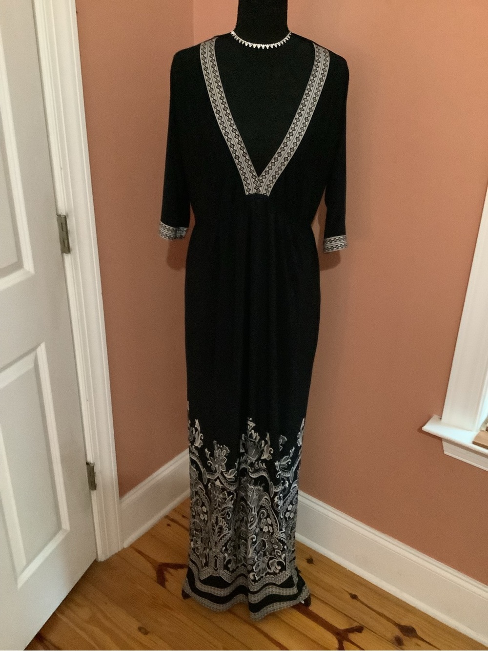 new directions Black Maxi Dress with Silver Border Embroidery